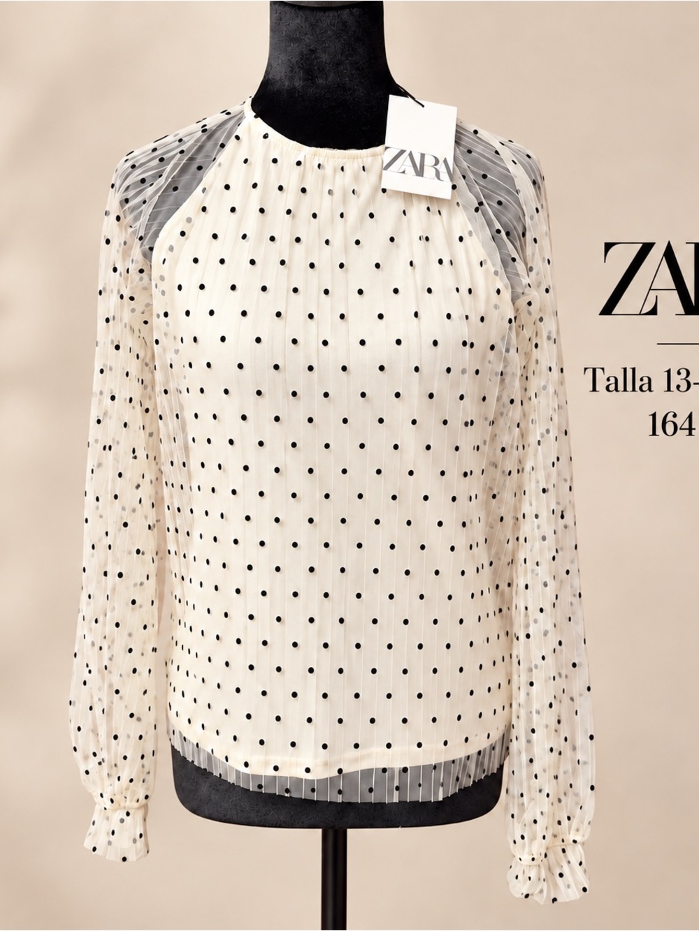 Zara Cream Sheer Polka Dot Long Sleeve Blouse
